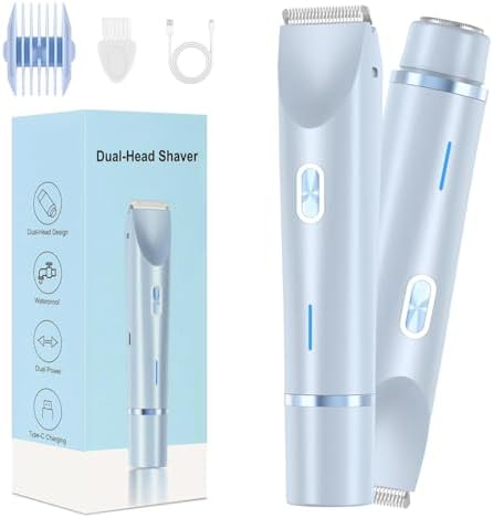 Dermave Bikini Shaver,2 in 1 Dual Head Bikini Trimmer & Body Shaver, Painless Hair Removal with Silky Glow Finish, Cordless & Waterproof Electric Trimmer for Women,Blue