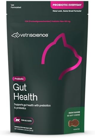 VetriScience Extra Strength Gut Health Probiotics for Cats, Digestion Support, Gas & Diarrhea, Itchy Dogs, Cough, Immune Support, 120 Million CFU per Chew, 60 Chews