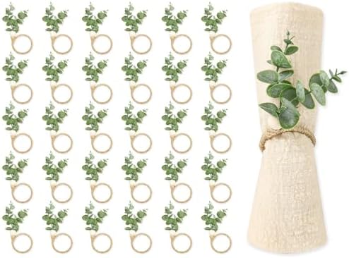 Eucalyptus Leaf Napkin Rings Set of 60 Wood Bead Farmhouse Napkin Holders Greenery Napkin Buckle for Weddings Christmas Party and Easter Table Decoration