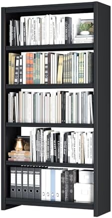 Bookshelf, 5 Shelf Bookcases, Tall Bookcase for Heavy Books, CDs, Movies, Garage Kit, Modern Display Shelf for Library Home Office Bderoom Living Room, Metal Bookshelves Industrial Black