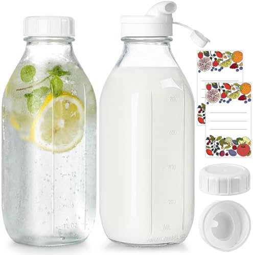 Milk Bottle with Dispenser Cap, 100% Airtight Heavy Duty Screw Lid. 2 Pack 32 Oz Reusable Glass Bottles with 3 Lids! Breast Milk Jug Pitcher, Buttermilk, Water, Juice Bottles w Cap, Syrup, Honey