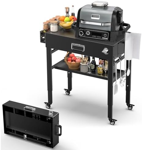 28" and 34" Upgrade Height & Quick-Fold Portable Grill Cart for Ninja Woodfire (OG700 Series), MO201 OO101 Pizza Oven, Blackstone 17"/22" Griddle – Outdoor Ninja Grill Stand with 4 Swivel Wheels