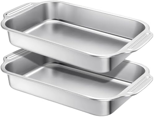 2 Pcs Stainless Steel Cake Pan 9 x 13 Inch Baking Pan with Handle Rectangle Baking Bakeware for Fish Cakes Breads Casseroles Vegetables Dishwasher Safe