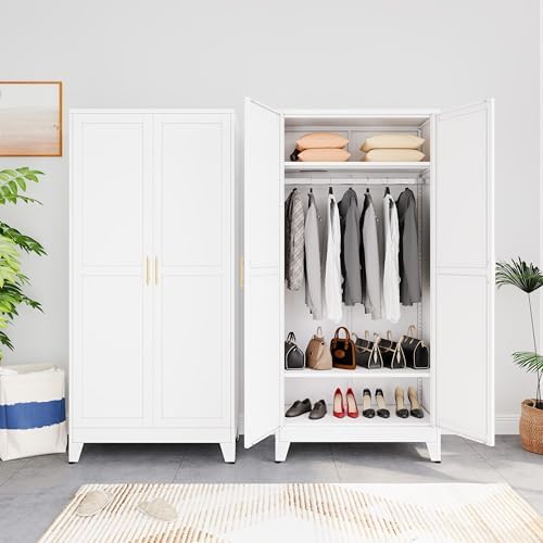 Metal Armoire Wardrobe Closet Storage Cabinet with Hanging Rod,71'' Metal Wardrobe Cabinet with 2 Doors and 2 Adjustable Shelves for Bedroom, Laundry Room, Cloak Room
