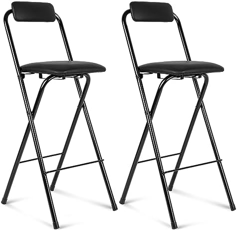 Thyle 2 Pcs Folding Bar Stool with Backrest, Tall Foldable Stool Chair Portable High Folding Bar Chair Counter Height Seat Leather Padded for Kitchen Island Shop Cafe Dining Room Black (27.5 Inch)