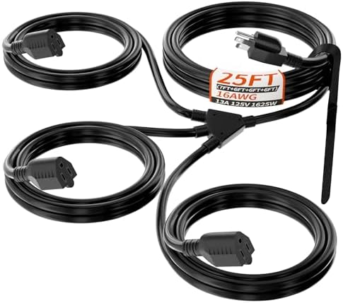 1 to 3 Splitter Outdoor Extension Cord with Multiple Outlets; 25FT Total(7+6+6+6) 13FT End to End; 16/3 SJTW Black Extension Cord Outdoor Waterproof for Halloween Christmas; 16AWG 1625W ETL