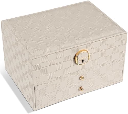 GUOER Jewelry Box for Women Girl Wife - Large PU Leather Jewelry Organizer Storage Case with 3 Layers Display for Earrings Bracelets Rings Watches (Light Khaki)