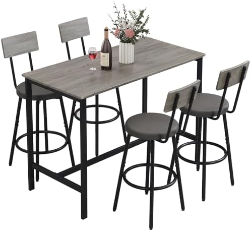 Dining Table Set for 4, 5-Piece Bar Table Set, Kitchen Table and Chairs, Counter Height High Top Table with 4 PU Upholstered Stools, Space-Saving Pub Table Sets for Small Space, Gray
