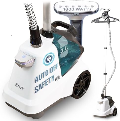 SALAV® Heavy Duty Smart Auto Shut-off Commercial Full-Size Garment Steamer, Beeping Alert when Water Runs out, Foot Pedal Control, XL 3L (101.5 oz) Tank, 1800 watts, 90+min of Continuous Steam, White