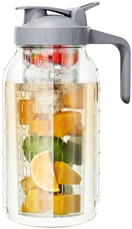 64 oz Fruit Water Infuser Pitcher, Heavy Duty Wide Mouth Glass Pitcher with Lid and Pour Spout, Tea Jug Airtight Seal for Freshness and Convenience, Great for Cold Beverages, Breast Milk