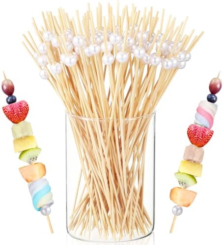100 Pcs 8 Inch Long Cocktail Picks Fancy Toothpicks for Appetizer Bamboo Cocktail Sticks for Drink Dessert Fruit Barbecue Pearl Skewers for Party Decor Charcuterie Boards Accessories (White)