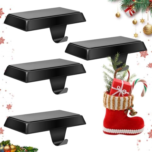 4 Pack Metal Christmas Stocking Holders for Mantle Heavy Duty Stocking Hangers Stocking Hook Christmas Ornaments for Counter Tables Window Fireplace Mantle Decoration (Black)