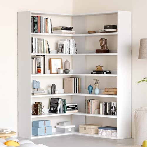 MXV 71.5" Tall L-Shaped Corner Bookshelf, 6-Tier 35.2" Wide Wooden Bookcase with Storage Organizer, Display Shelf for Home, Office, Living Room (35.2")