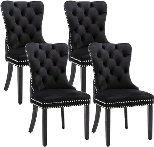 Velvet Dining Chairs Set of 4, Upholstered Dining Room Chairs with Nailhead Ring Pull Trim, Button Tufted Wing Back Chairs for Dining with Solid Wood Legs for Kitchen Dining Room(Black)