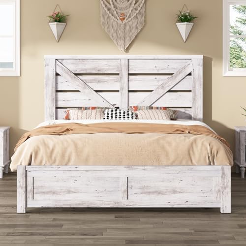 AMERLIFE Queen Size Farmhouse Bed Frame with 49.2" Barn Door Headboard, Platform Bed Frame with Wood Slats, Under Bed Storage Space, Easy Assembly, Noisy Free, Distressed White