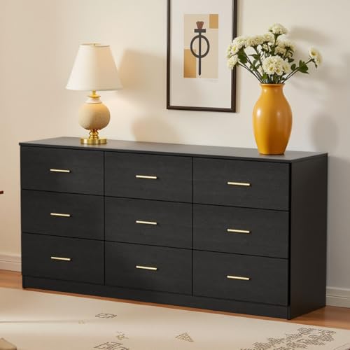 9 Drawer Dresser, 62.9" Large Deep Chest of Drawers,Wooden Dresser Storage Cabinet with 9 Drawers for Bedroom, Long Black Dressers for Living Room, Hallway,Nursery