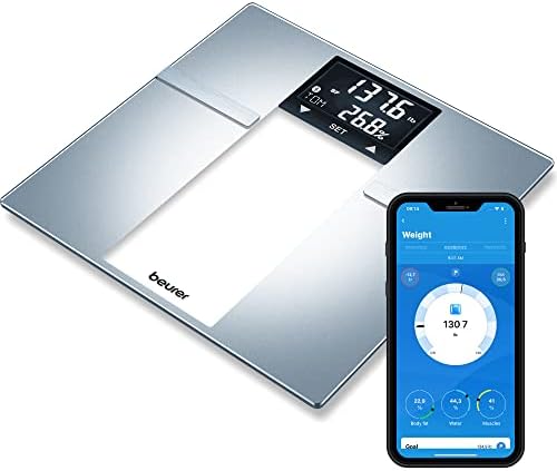 Beurer BF720 Smart Scale for Body Weight, Body Fat, Body Water & More – 400 lb Capacity, Bluetooth App, Calorie Data, User Recognition, XL LCD Display, Glass Digital Bathroom Scale – Grey
