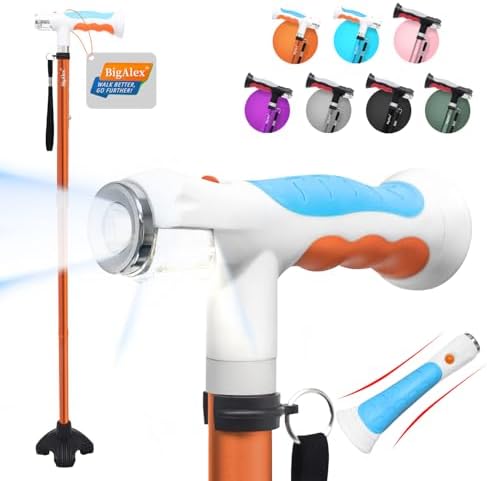 BigAlex Folding Walking Cane with Two Led Lights for Elderly Solid Base Adjustable Walking Stick with Carrying Bag for Men Women