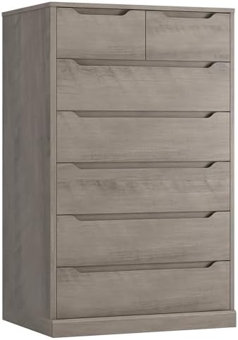 HITHOS 51" Tall 7 Drawers Dresser, Modern Grey Dresser, Wood Dressers & Chests of Drawers with Cut-Out Handles, Upright Drawer Chest, Accent Vertical Dressers Storage Cabinet for Living Room, Ash Gray