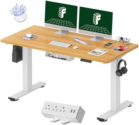 FLEXISPOT EN2 Whole-Piece Standing Desk with Clamp Power Strip, 55 x 28 Electric Stand Up Height Adjustable Desk with Cable Management (White Frame + 55" Maple Top, 2 Packages)