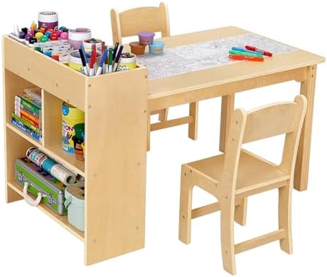 OOOK Kids Art Table and 2 Chairs, Toddler Activity Table with Large Storage Shelves, Wood Activity Desk for Writing Drawing Suitable for Playrooms & Classroom