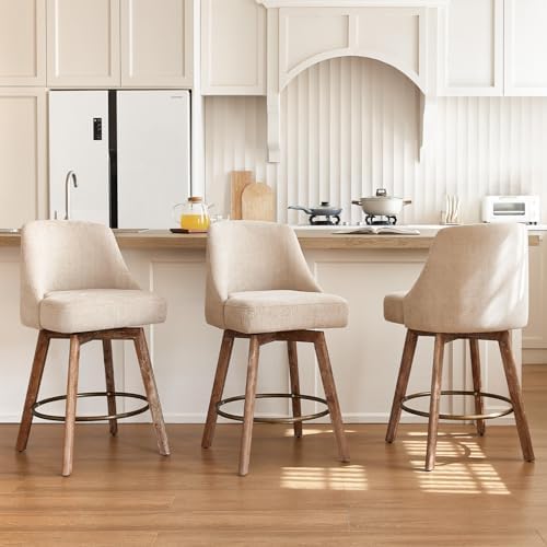 Mid Century Modern Counter Height Bar Stools Set of 3,360° Swivel Barstools with Solid Wood Legs,26'' Island Chairs with Wrap-Around Backrest,Sand Linen Comfort Fabric