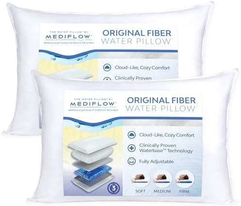 Mediflow Fiber Water Pillow - Adjustable Pillow for Neck Pain Relief, Pillow for Side, Back, and Stomach Sleepers, The Original Inventor of The Water Pillow, Clinically Proven Bed Pillow (2 Pillows)