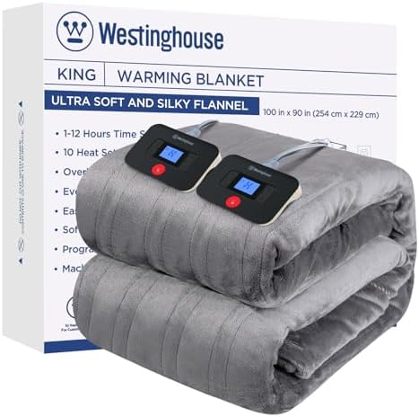 Westinghouse Electric Blanket King Size, Super Cozy Soft Flannel 100"" x 90"" Heated Blanket with 10 Fast Heating Levels & 1-12 Auto-Off, Machine Washable, ETL&FCC Certification, Light Grey