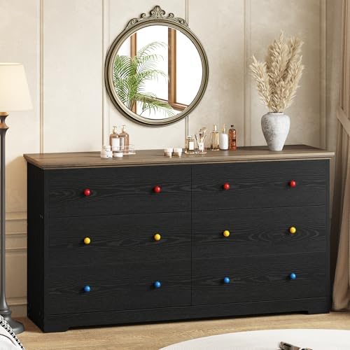 LIKIMIO 6 Drawer Dresser for Bedroom with Colorful/Black Handles Optional, 59" Wide Wood Chest of Drawers, Storage Dressers Organizer with Metal Sliding Rail for Living Room, Hallway, Entryway, Black