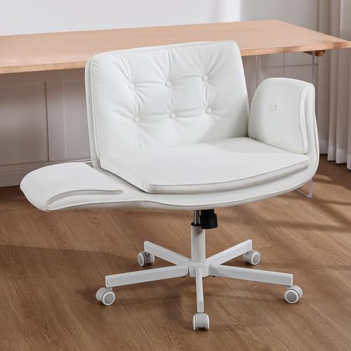 Criss Cross Chair with Armrests & Wheels, PU Leather Vanity Chair, Comfortable Adjustable Swivel Computer Office Desk Chairs for Home, Make Up, Bed Room (White)