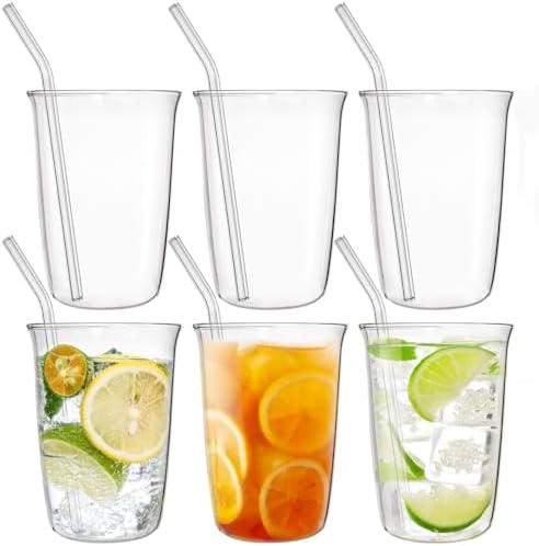 6 Piece Drinking Glasses, 16 Oz Clear Water Glass Set with Straws, Lead-free Highball Glass Cup Kitchen Glassware for Juice, Beverage, Cocktail, Ice Tea, Coffee, Soda