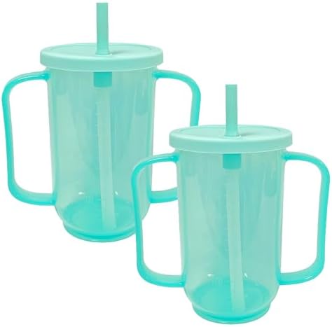2 Pack Adult Sippy Cups for Elderly 12oz No Spill Cup for Adults Dysphagia Cups with 2 Handles Straw for Disabled Patients Limited Mobility