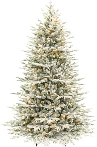 Hykolity 7.5 ft Prelit Snow Flocked Christmas Tree, 2933 PE&PVC Realistic Branch Tips, Artificial Twinkling Christmas Tree with 450 Warm White LED Lights, Metal Stand and Hinged Branches