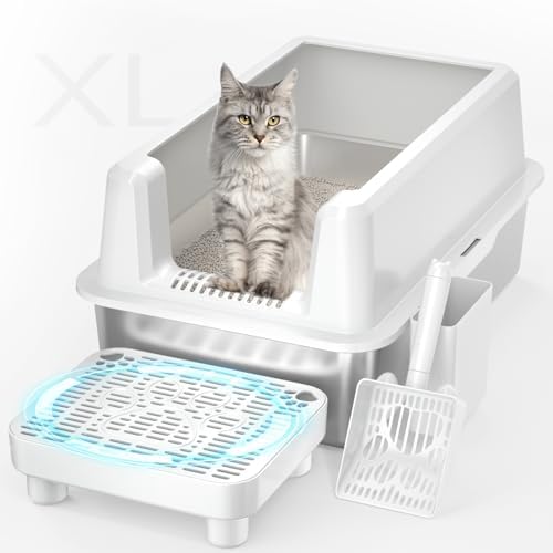 Enclosed Stainless Steel Cat Litter Box, Extra XL Large Litter Box with Lid, Metal Litter Box with High Sided, Easy Clean, Odorless, Anti-Urine Leakage, Includes Scoop (White)