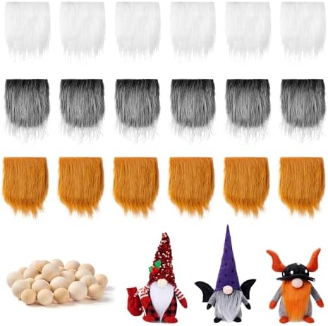 FFchuanhe 18-Pack Gnomes Beards for Crafting, Faux Fur Fabric Precut Gnomes Beards Wooden Balls Set, Suitable for Christmas Halloween Easter (Black and White, Gray, White)