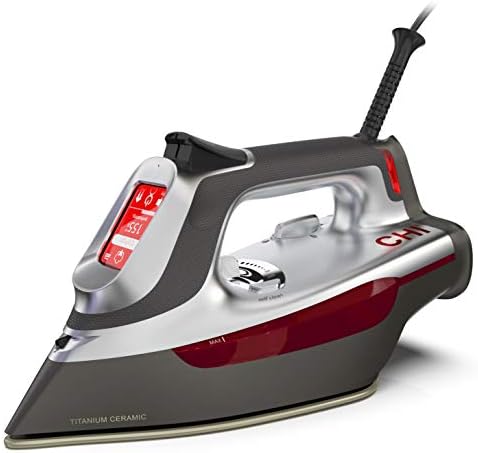 CHI Steam Iron for Clothes with Titanium Infused Ceramic Soleplate, 300+ Holes for Powerful Steaming, XL 10’ Cord, 3-Way Auto Shutoff, 1800 Watts, Advanced Touchscreen, Silver (13103)
