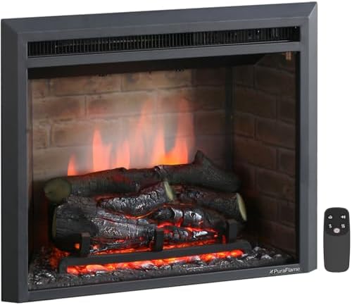 PuraFlame Western Electric Fireplace Insert with Fire Crackling Sound, Remote Control, 750/1500W, Black, 22 53/64 Inches Wide, 20 3/64 Inches High