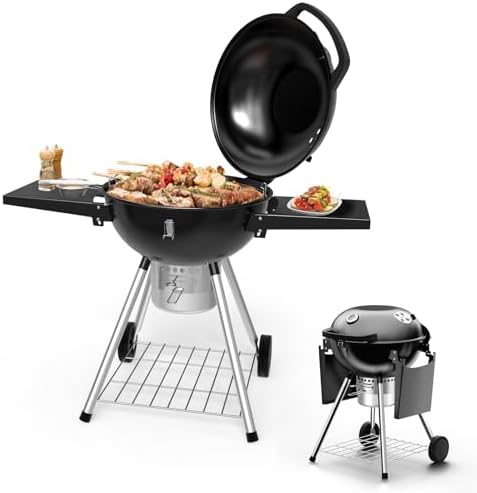 22 inch Charcoal Grills with Table, Portable BBQ Grill for Outdoor Camping, Barbecue Grill with Cover, Ash Catcher, and 2 Charcoal Boxes, 2 Wheeled Kettle Grill for Outdoor Cooking Family Party