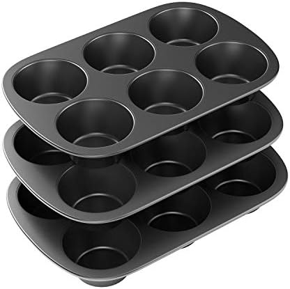 Tiawudi 3 Pack Nonstick Muffin Pan, Carbon Steel Cupcake Pan, Easy to Clean and Perfect for Making Muffins or Cupcakes, 6 Cup Jumbo
