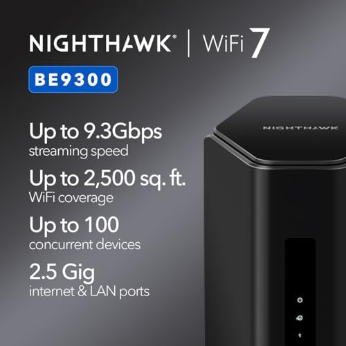 NETGEAR Nighthawk WiFi 7 Router (BE9300) – Security Features, 9.3Gbps Wireless Speed, 2.5 Gigabit Internet Port, Tri-Band Gaming Router, Covers 2,500 sq. ft., 100 Devices, Built-in VPN, USB 3.0