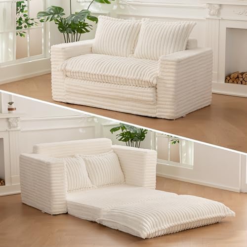 Loveseat Sleeper Sofa, Convertible Sofa Bed Couch Futon Couches for Living Room, 3-in-1 Pull Out Floor Couch with Washable Cushion and Pillows, Beige