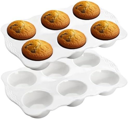 Hiceeden 2 Pack Ceramic Muffin Pans, 6 Cups Non-stick Muffin Tin Cupcake Baking Pans with Handles for Muffin Cakes, Egg Tarts, Mousse, Pot Pie, Jelly