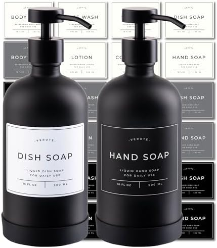 16oz Glass Soap Dispenser with Stainless Steel Pump, 21 Waterproof Labels, Non-Slip Protective Silicone Pad, Set of 2 for Bathroom & Kitchen (Matte Black Bottle/Black Pump)