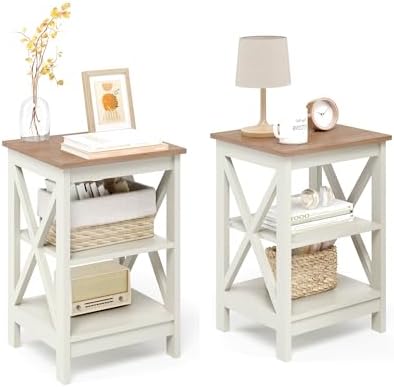 GREEN PARTY End Tables Living Room Set of 2,Side Tables with 3-Tier Storage Shelf, Small Nightstand for Bedroom, Wooden Frame,Small Coffee Table,White