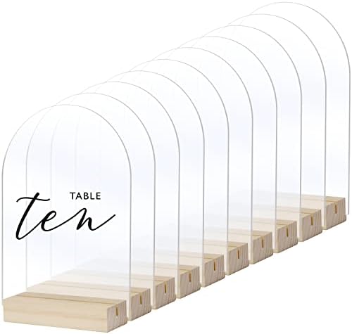 Clear Arch Acrylic Sign with Wood Stand-10 Pack 5x7 Inch Blank Arched Acrylic Sheets with Wood Base, DIY Clear Arch Sign Blank for Wedding Table Sign Table Numbers