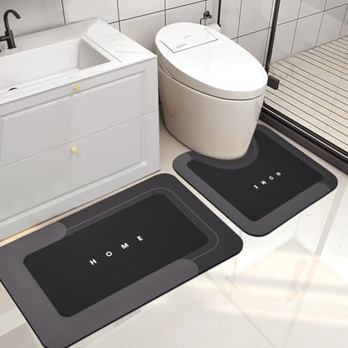 Housego 2PCS Absorbent Bath Mat Magic Rug Sets, Quick Drying Bath Mat Non-Slip Floor Rug Rubber Backed for Bathroom Kitchen Shower Sink, Water Absorbent (19.7''x23.6''+19.7''x31.9'', Black)