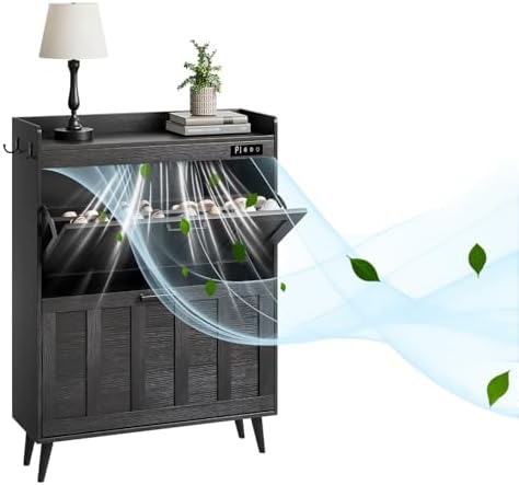 ChooChoo Shoe Storage Cabinet with 2 Flip Drawers, Deodorizing Shoe Organizer Storage for Entryway, Freestanding Hidden Slim Narrow Shoe Rack Cabinet, Black