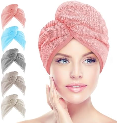 AIDEA Microfiber Hair Towel Wrap, 5 Pack Hair Turbans, Super Absorbent Quick Dry Hair Towel Wrap for All Hair Types Anti Frizz, Multicolor 26"×10"