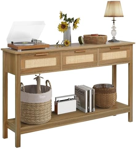 LAZZO Rattan Console Table Boho Entryway Table Narrow Long Sofa Table Hallway Foyer Table Behind Couch Table with 3 Drawers and Open Storage Shelf for Living Room and Corridor Brown