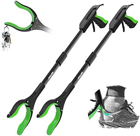 Jellas 2-Pack 32 Inch Grabber Reacher Tool with Magnetic Tip, Reacher Grabber with 360 Degrees Rotating Jaw, Grabber with Shoehorn for Elderly, Trash Picker Tool for Outdoor & Indoor (Green)